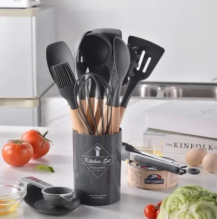 Kit Utensílios De Cozinha Silicone E Cabo Madeira