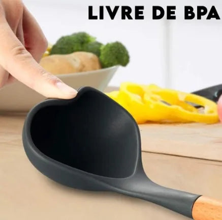 Kit Utensílios De Cozinha Silicone E Cabo Madeira