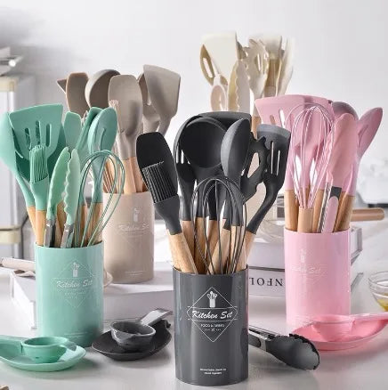 Kit Utensílios De Cozinha Silicone E Cabo Madeira