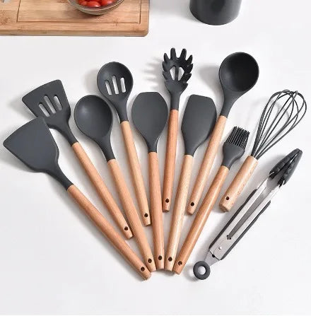 Kit Utensílios De Cozinha Silicone E Cabo Madeira