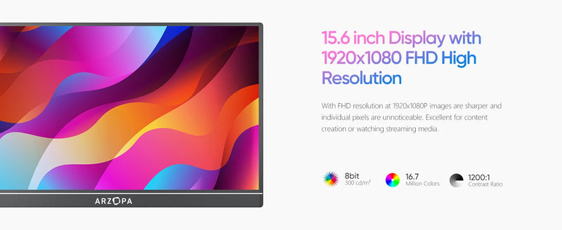 Arzopa monitor portátil de 15,6 polegadas FHD 1080P IPS USB-C
