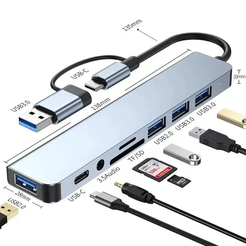 Hub USB multifuncional 8 em 2 com leitor de cartão divisor