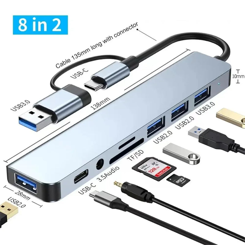 Hub USB multifuncional 8 em 2 com leitor de cartão divisor