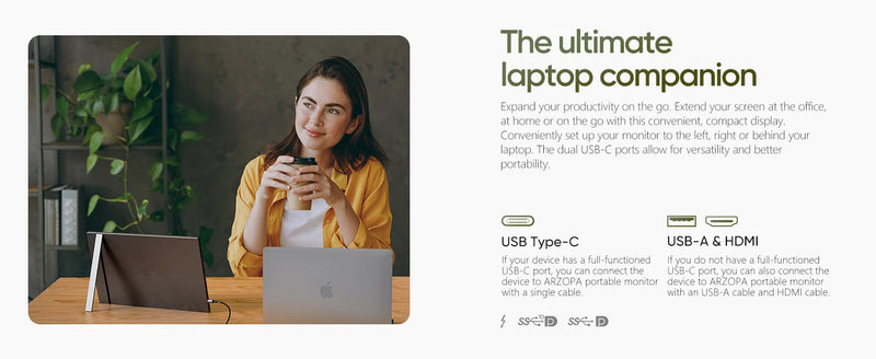 Arzopa monitor portátil de 15,6 polegadas FHD 1080P IPS USB-C