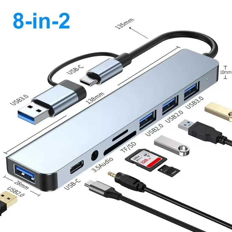 Hub USB multifuncional 8 em 2 com leitor de cartão divisor